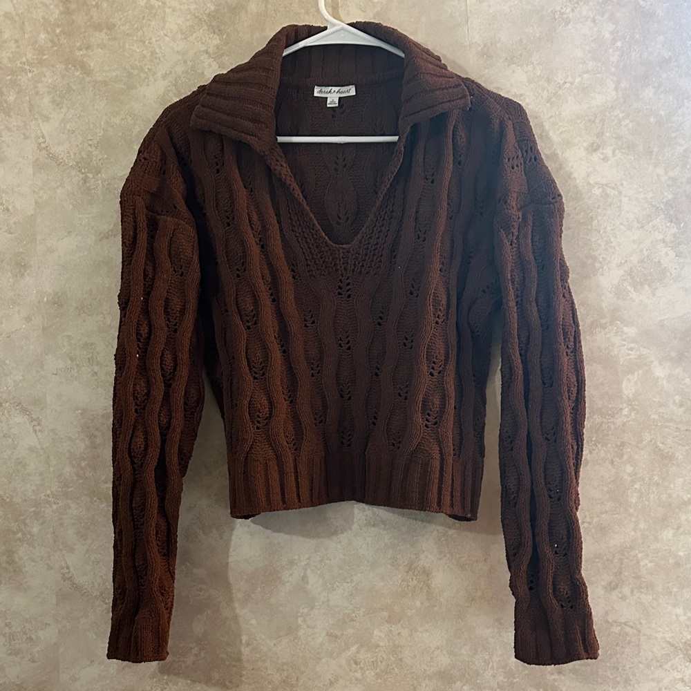 Derek Heart Chocolate V-Neck Cable Knit Sweater